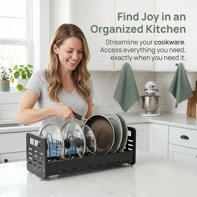 Pots and Pans Organizer Under Cabinet, Expandable Pot Lid Organizer | Adjustable Heavy Duty Rack with Removable Drip Tray, Expands 15.4"–24.8", Ideal for Kitchen Cabinets and Countertops. - Image 2