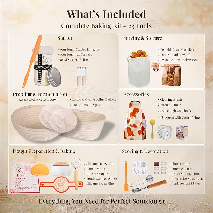 Sourdough Starter Kit, 23-Piece Bread Baking Set with Banneton Proofing Baskets Round & Oval, Starter Jar, Lame, Dough Whisk, Scraper & Sling - Sourdough Baking Supplies Gift for Beginners - Image 2
