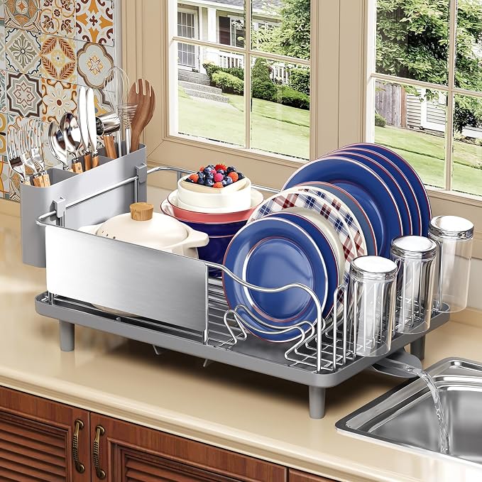 KINGRACK Stainless Steel Dish Drying Rack with Cup Holder for Counter, Grey | 16.9"L x 12.4" W Dish Rack with Spacious Drying Capacity, Quick Auto Dish Drainer for Plate Dish Dinnerware，Sliver by KINGRACK