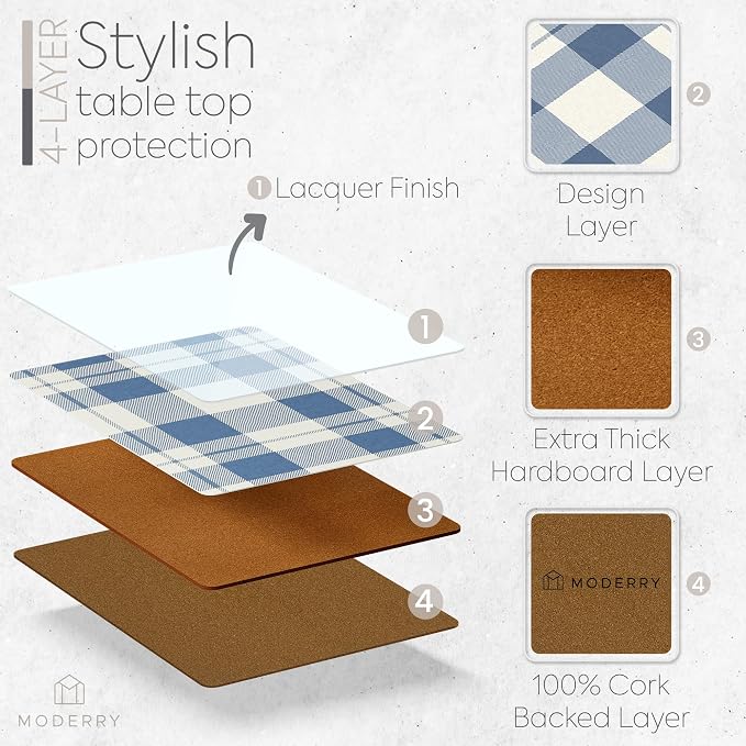 Set of 4 Heat Resistant Country Farmhouse Placemats for Dining Table with Free Set of 4 Matching Drink Coasters Rustic Vintage Design 16 x 12 Inches Cork Backed Hard Placemats/Blue Plaid - Image 3