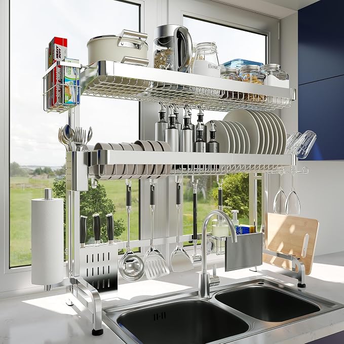 LIVOD Over The Sink Dish Drying Rack,3 Tier Adjustable Length Full Stainless Steel Large Storage Kitchen Dish Rack,for Kitchen Counter Expandable Multifunctional Organizers,Silver (25.5'' to 37.6'') - Image 7