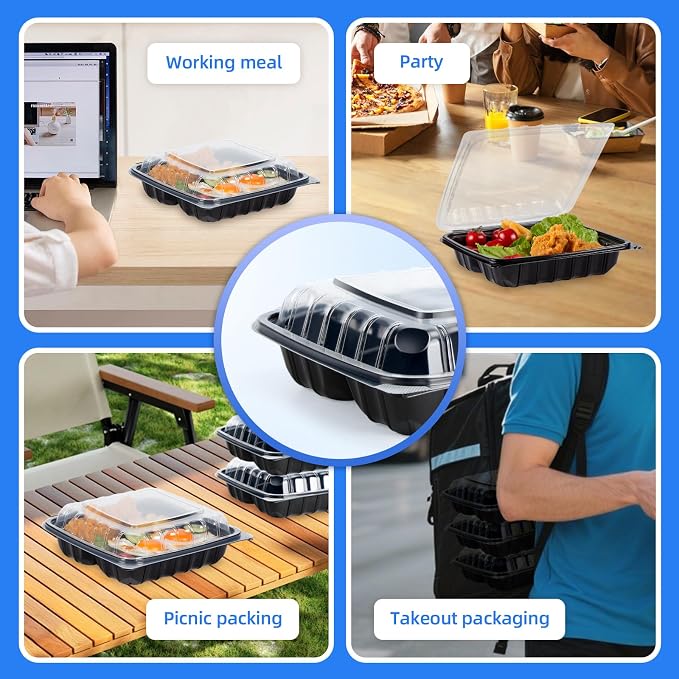 YANGRUI 25 Pack 34oz 8" 3-Compartment Togo Container Shrink-Wrapped No Wash | Ready to Use Anti-Fog Lid | Leakproof BPA-Free PP | Microwave & Freezer Safe for Cold Brew Salad, Hotel Catering & Meal Prep - Image 5