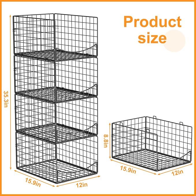 Hongtamoya 4-Tier Stackable Closet Organizers and Storage Shelves, Clothes Storage Basket, Clothes Shelf Organizer Sweater Organizer Bins Container for Wardrobe Kitchen Bathroom Office, Black - Image 3