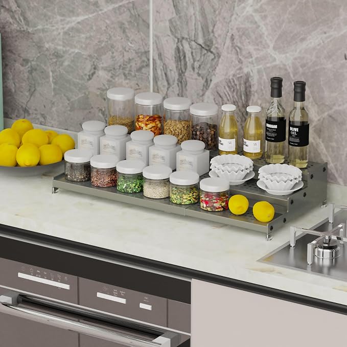 Expandable Spice Rack organizer with 3-Tier step shelf,Modern Design heavy duty,Non Skid and Visibility ,Great for Kitchen Cabinet,Bathroom,dressing table,Cupboard, Pantry and more(1PACK/GUN-GREY) - Image 4