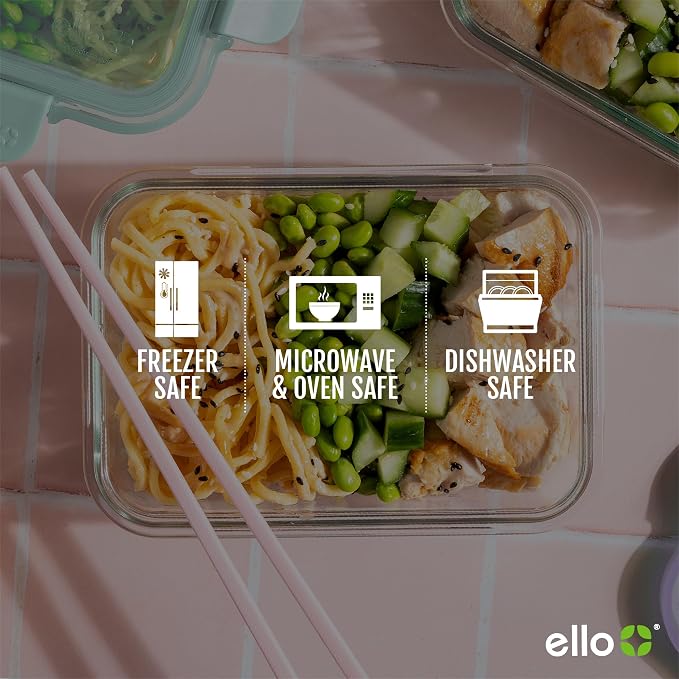Ello Color Lock Glass Meal Prep Sets Leak-Proof Glass Food Storage Containers with Airtight BPA-Free Plastic Lids, Dishwasher, Microwave, and Freezer Safe - Image 5
