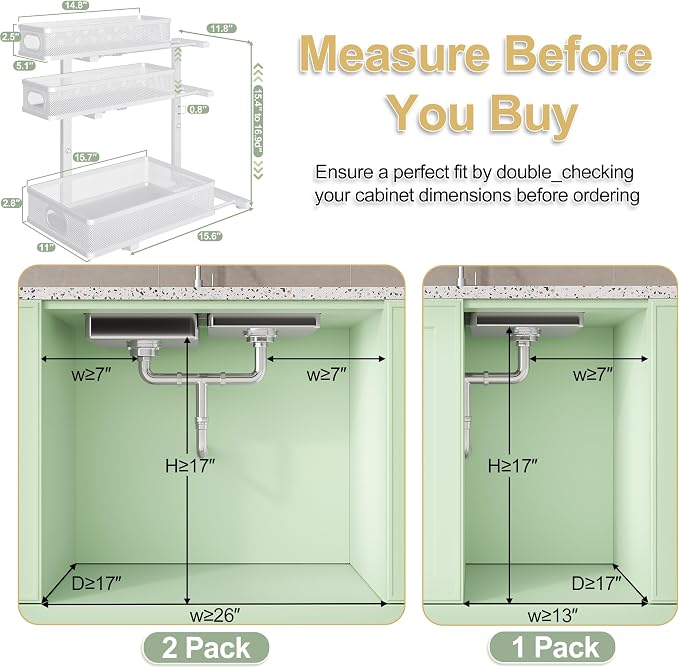 2 Pack Under Sink Organizer,3-Tier White Metal Pull Out Kitchen Cabinet Organizers,Slide Out Undersink Storage Drawers,Under The Sink Organization and Storage, Bathroom Shelves for Pantry,Laundry Room - Image 2