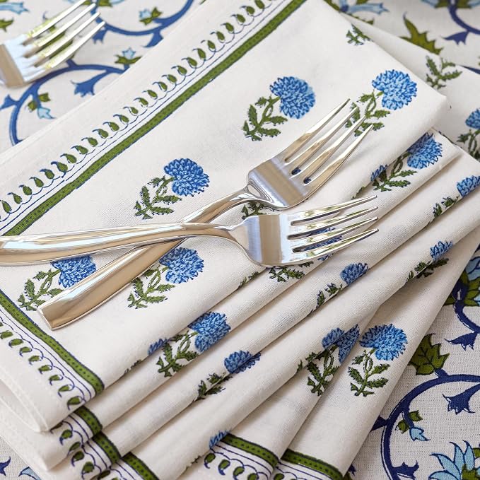 100% Blue Cotton Dinner Napkins, Set of 6, Hand Printed Moonlit Taj Design, Fair Trade, Washable Cloth Napkins for Parties & Cocktails 20x20 in by SaffronMarigold