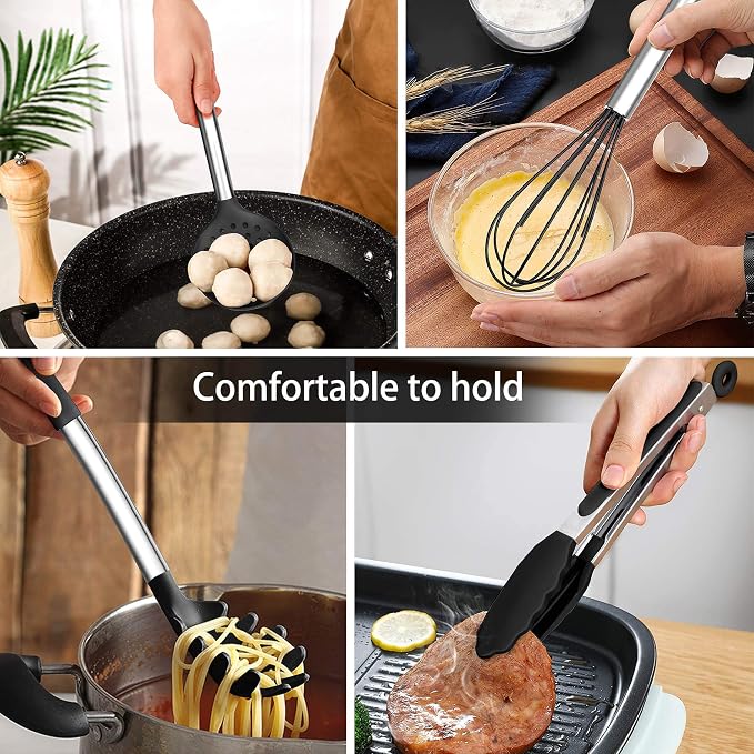 LIANYU 15-Piece Kitchen Cooking Utensils Set with Holder | Silicone Kitchen Tools Stainless Steel Handle, Slotted Spatula Spoon Turner Tong Whisk Brush for Cooking, Black - Image 6