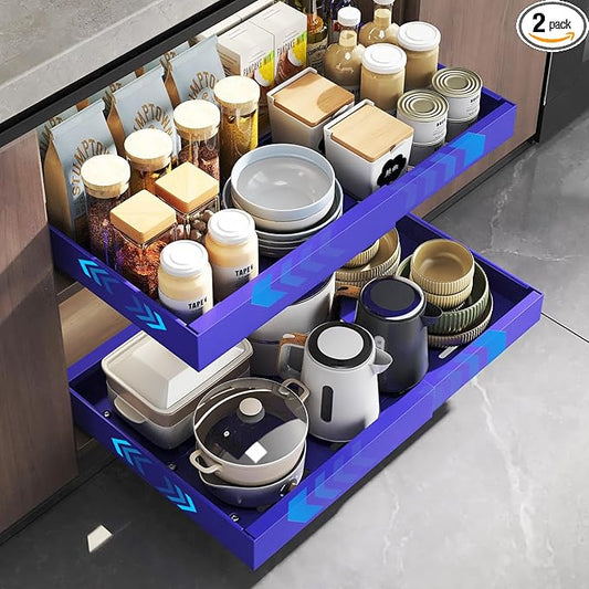 Mustorn 2 Pack Pull Out Cabinet Organizer, Expandable Slide Out Drawers for Kitchen Cabinets Peel and Stick Pullout Drawer Heavy Duty Sliding Shelves for Cupboard, Pantry, Bathroom(16.5" Deep, Blue) by MUSTORN