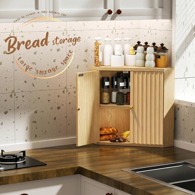 Natural Corner bread box for kitchen countertop, Large Bread Bread Box, Vintage corner bread box for kitchen countertop, Under Cabinet Organizer fluted (Natural) - Image 4