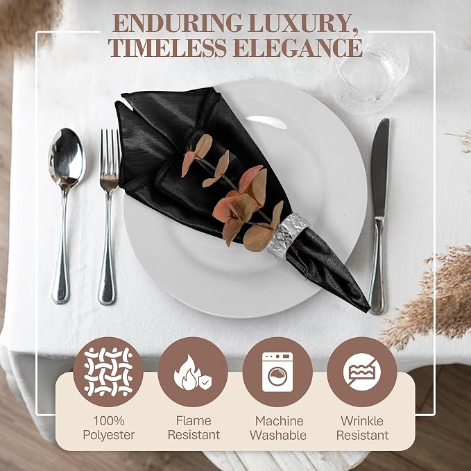 17 x 17-Inch Shantung Satin Cloth Napkins, Black Set of 60 - Image 2