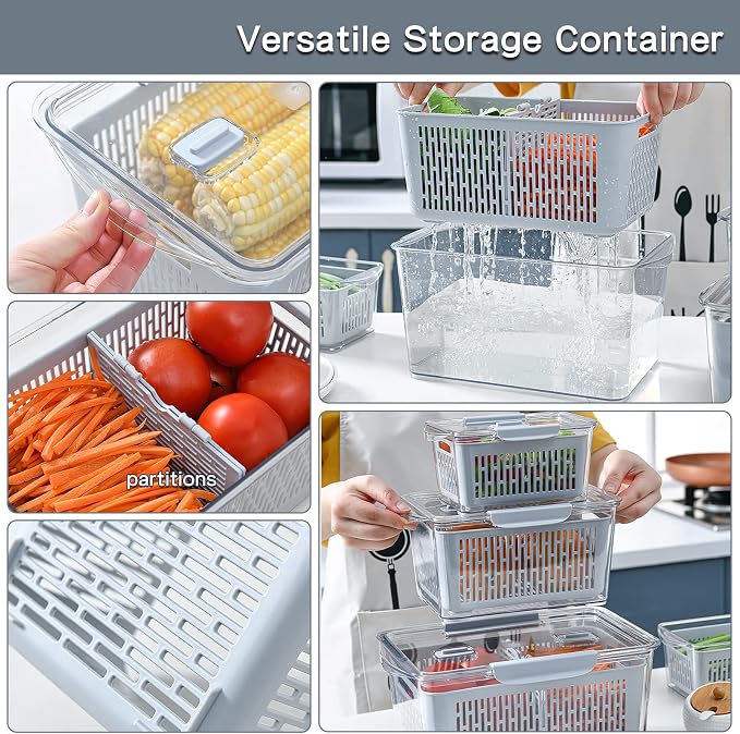 Fistone Fresh Produce Fruit Vegetable Storage Containers 3Piece Set, BPA-Free Fridge Storage Container with Lid & Colander, Fridge Organizers, Keep Fresh for Produce,Fruit and Vegetable - Image 5