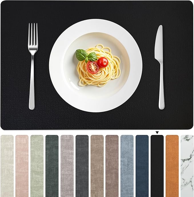 FROMHEART Faux Leather PU Placemats Set of 4 (Black,11.8" x 17") | Waterproof,Heat/Oil Stain-Resistant Table Mat–Reversible,Non-Slip,Easy to Clean Place Mats for Kitchen,Dining,Indoor/Outdoor by Unknown