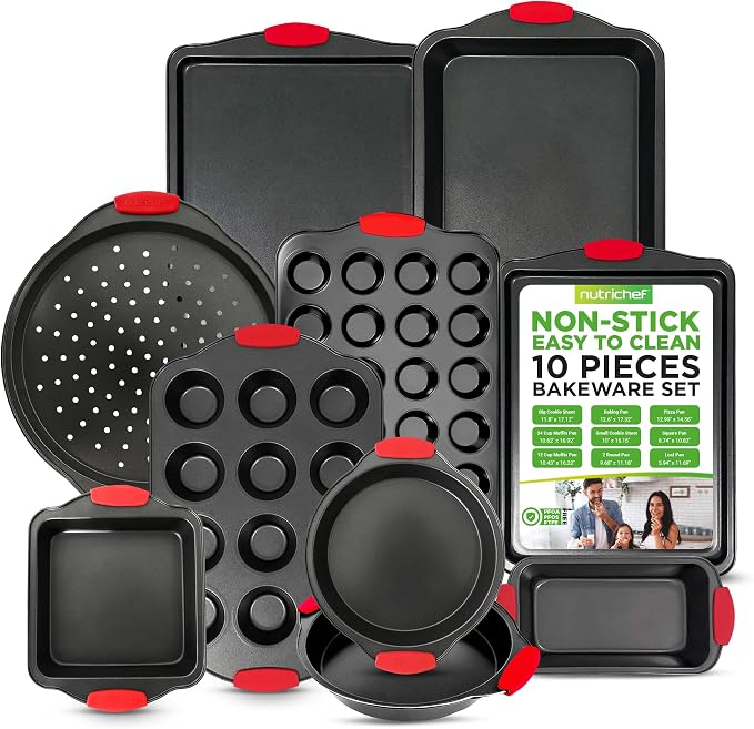 NutriChef 10‑Piece Non‑Stick Bakeware Set – Premium Carbon Steel Baking Pans Set with Silicone Handles – Oven & Dishwasher Safe – Complete Baking Sheet Set for Cookies, Muffins, Loaf, Pizza by NutriChef%E2%84%A2Kitchen