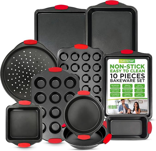 NutriChef 10‑Piece Non‑Stick Bakeware Set – Premium Carbon Steel Baking Pans Set with Silicone Handles – Oven & Dishwasher Safe – Complete Baking Sheet Set for Cookies, Muffins, Loaf, Pizza by NutriChef%E2%84%A2Kitchen