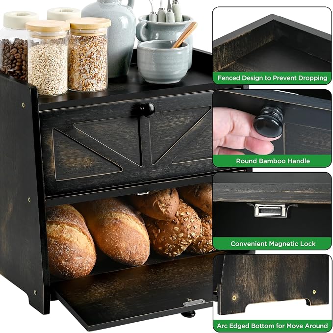 Bamboo Corner Bread Box for Kitchen Countertop 2-Tier Black | Farmhouse Bread Storage Container, Large Pantry Organizers for Homemade Snacks, Loaves, Breathable Keeps Bread Fresh - Image 4