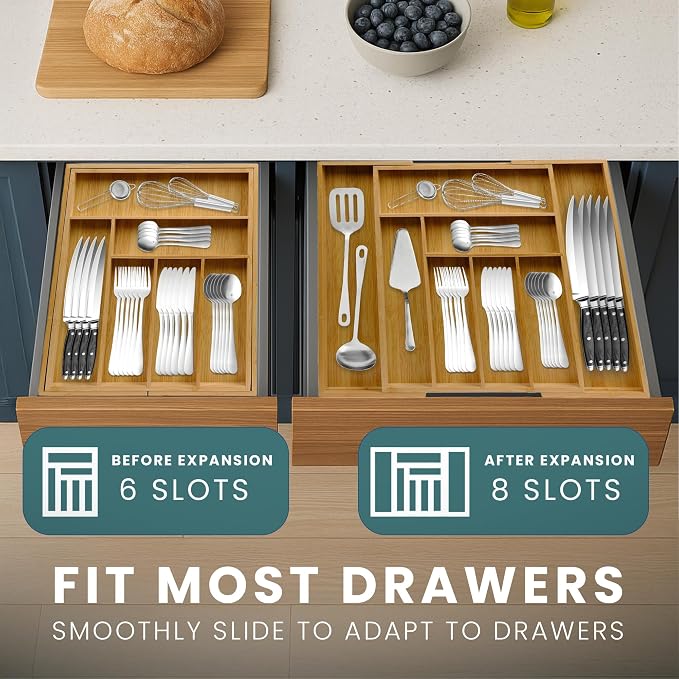 Sben Expandable Drawer Organizer for Utensils Holder, Adjustable Cutlery Tray, Wood Drawer Dividers Organizer for Silverware, Flatware, Knives for Kitchen (Bamboo, Medium) - Image 8