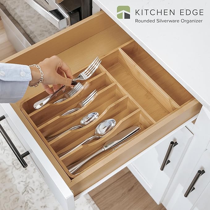 Silverware & Utensil Organizer, Fixed 10.5 in, Bamboo | Cutlery, flatware holder, rounded corners, 7 compartments, non-slip feet, kitchen drawers - Image 2