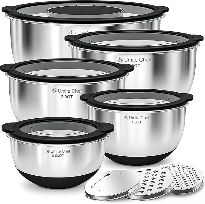 Mixing Bowls with Lids Set - Non-Slip, Airtight Warp-Proof TPR-AS Lids, Thicker Stainless Steel Bowls, Measurement Lines & 3 Graters, Prep Meal Bowl, Black Nesting Bowl for Kitchen, 5/3/2/1.5/0.63QT by UmiteChef