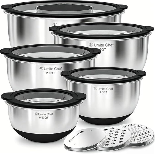 Mixing Bowls with Lids Set - Non-Slip, Airtight Warp-Proof TPR-AS Lids, Thicker Stainless Steel Bowls, Measurement Lines & 3 Graters, Prep Meal Bowl, Black Nesting Bowl for Kitchen, 5/3/2/1.5/0.63QT by UmiteChef