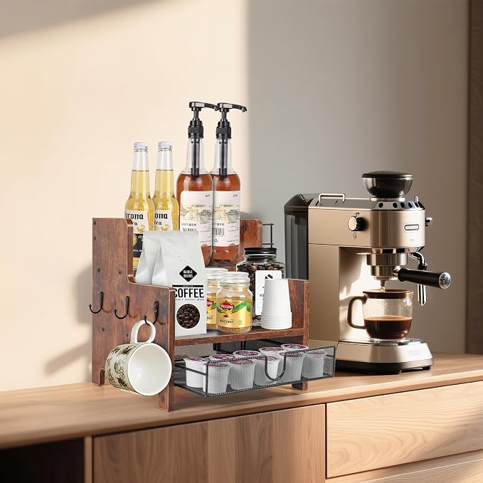 3-Tier Coffee Station Organizer for Countertop, Wood Coffee Bar Organizer with Drawer, Rustic Coffee and Tea Condiment Organizer, K-Cups Coffee Corner Organizer with 6 Hooks for Coffee Bar Accessories - Image 2