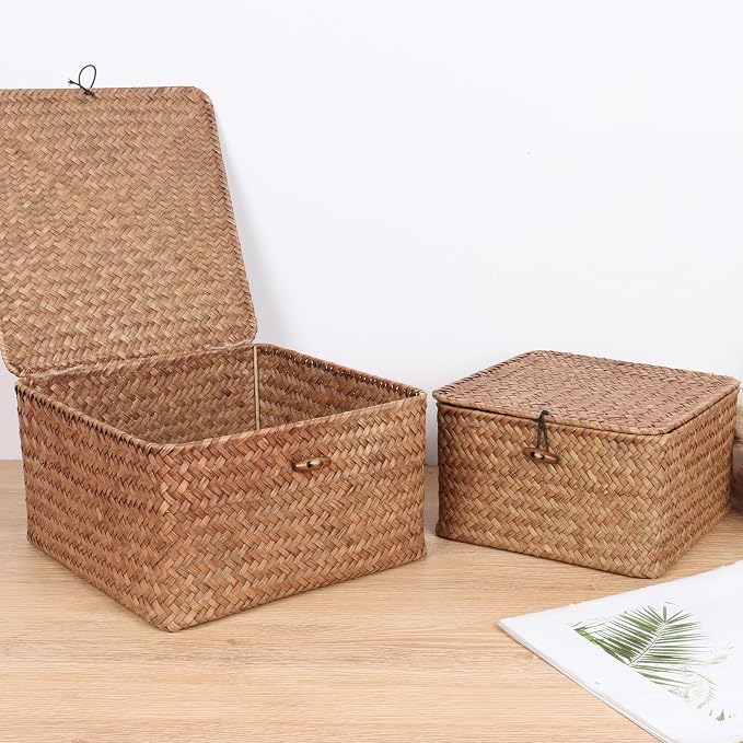 Moosky Wicker Shelf Baskets with Lid, Handwoven Seagrass Storage Basket Bins Square Gift Boxes for Shelves Home Decor Organizer (Coffee, Medium) - Image 3