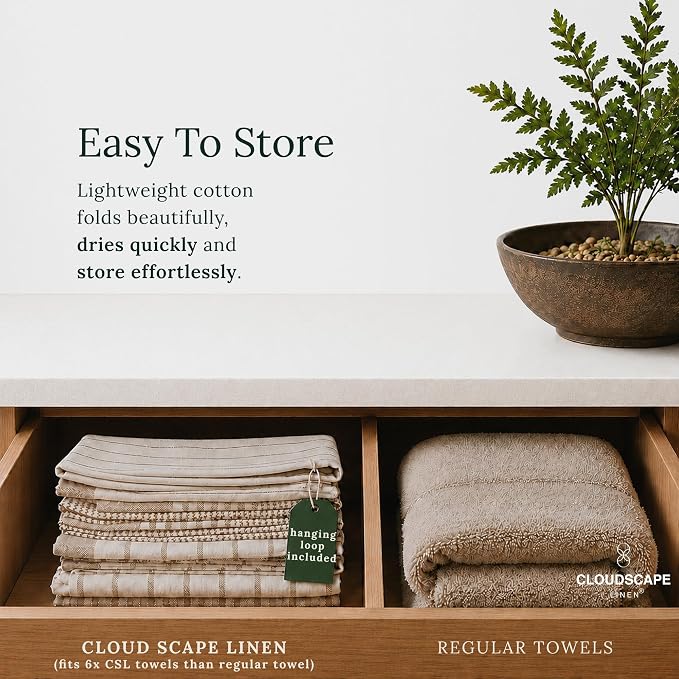 Cloud Scape Linen Premium Cotton Kitchen Towels Set - 6 Pack : Quick-Drying, Highly Absorbent, Durable, 18”x28”, Stripe Hand Towels with Hanging Loop, Dish Towel for Cleaning & Drying Dishes- Beige - Image 7