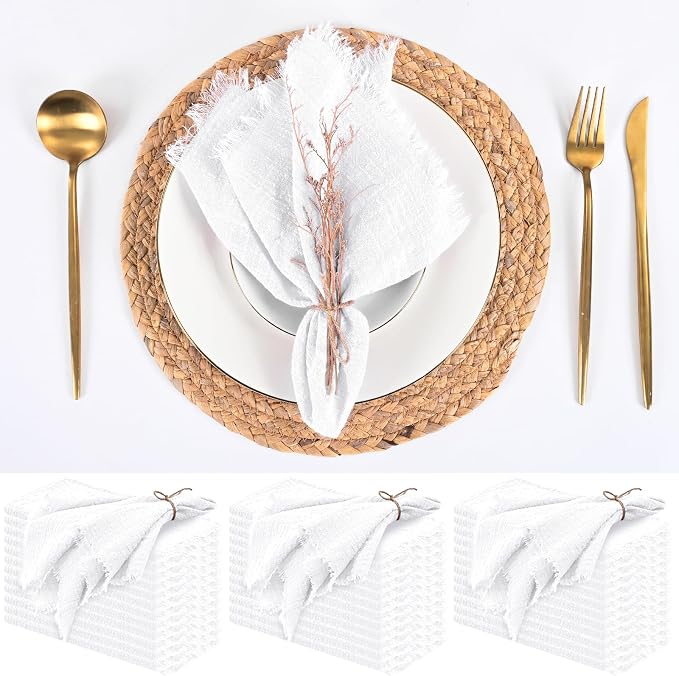 36 Pack White Cloth Napkins, 12 x 12 Inch Cotton with Fringe Settings | Handmade washable reusable cotton dinner napkins in bulk for weddings, parties, rustic boho table settings by FXKS