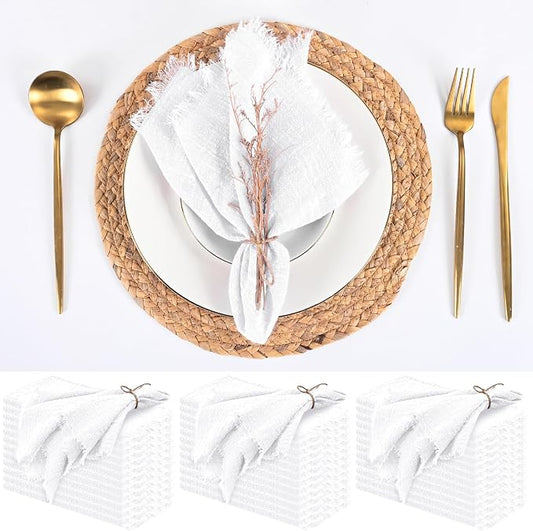 36 Pack White Cloth Napkins, 12 x 12 Inch Cotton with Fringe Settings | Handmade washable reusable cotton dinner napkins in bulk for weddings, parties, rustic boho table settings by FXKS