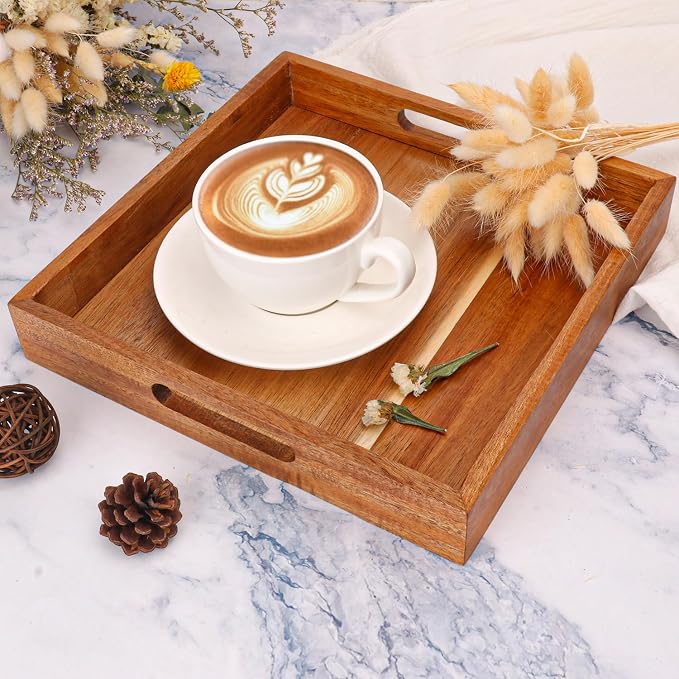 4 PCS Acacia Wood Serving Tray with Handles - 10 Inch Square Wooden Tray with Handles, Ideal as Breakfast, Coffee Table, Decorative, Serving(1.75 Inch Thickness) - Image 6