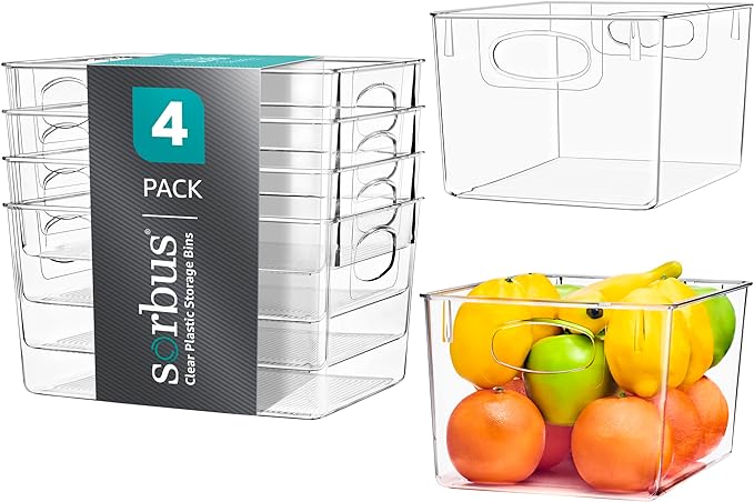 Sorbus Large Clear Plastic Storage Bins for Shelves, Clothes, with Handle - Clear Storage Bins, Drawer, Shelf, Closet, Pantry, Fridge, Freezer Organizer Bins, Closet Organizers and Storage (4 pack) by Sorbus