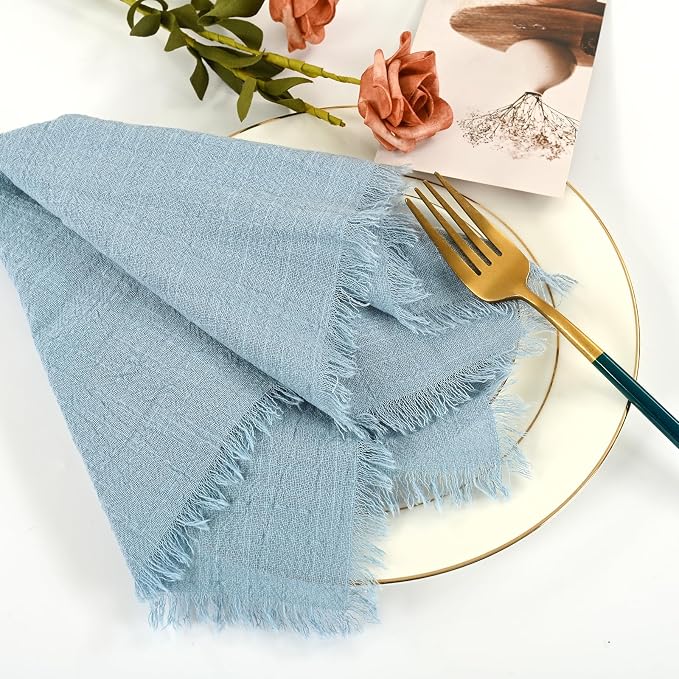 50 Pack Dusty Blue Cloth Napkins, 16 x 16 Inch Cotton with Fringe Settings | Handmade washable reusable cotton dinner napkins in bulk for weddings, parties, rustic boho table settings - Image 6