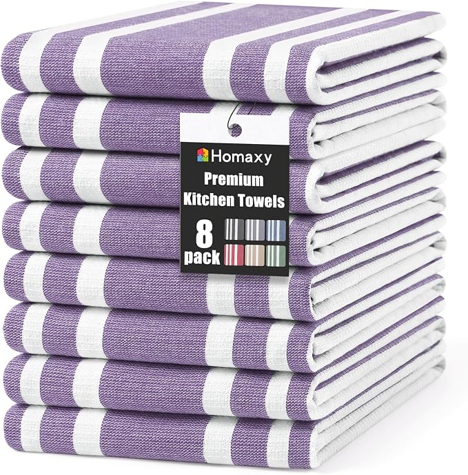Homaxy Premium Cotton Stripe Kitchen Towels 8 Pack, 18"x 28", Purple | Large 380 GSM Kitchen Hand Towels, Soft Terry Dish Towels, Highly Absorbent Tea Towel Set with Hanging Loop by Homaxy