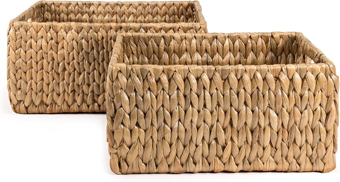 happimess Leif Nesting Storage Hyacinth Baskets 15", Natural, Set of 2 | Hand-Woven Wicker, Minimalist Container, Built-In Handles, Iron Frame, 11" Depth, 7" Height, Bohemian Rustic Decor by Happimess