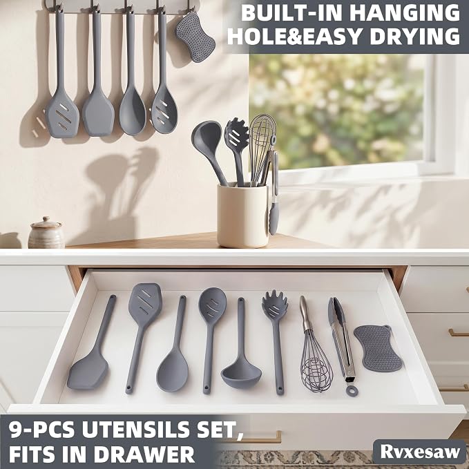 Kitchen Utensils Set,9 PCS Silicone Cooking Utensils Set Spatula Set,Tongs,Spoon,Whisk,Brush,Dishwasher Safe Kitchen Gadgets for Non-Stick Cookware,Home Essential，Kitchen Appliances Tool(Gray) - Image 8