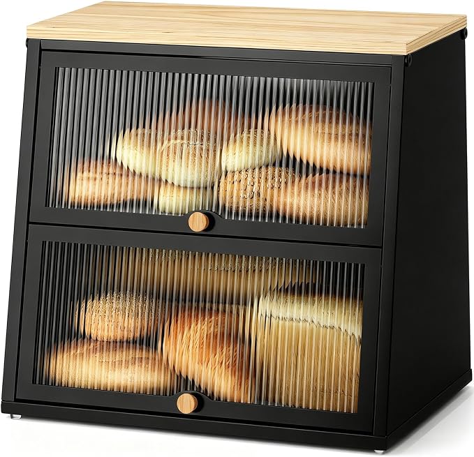 Urackify Bread Box for Kitchen Countertop – 2-Tier Bread Storage Container, Metal Breadbox with Acrylic Wavy Door, Wood Top, Magnetic Seal, Anti-Slip Base, 14.96x9.84x13.78 inch, Black by Urackify