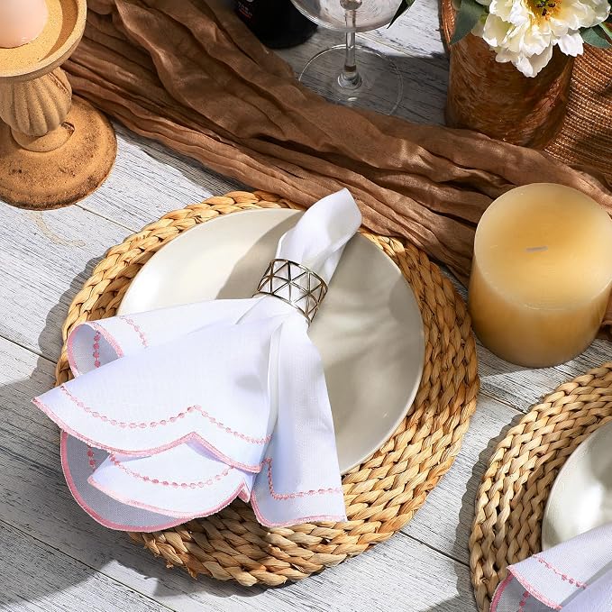 Hahafelt Cloth Napkins 18x18inches Scalloped Embroidery Cloth Napkins Washable Polyester Table Dinner for Hotel Restaurant Weddings Events Parties (Light Pink,12 Set) - Image 4