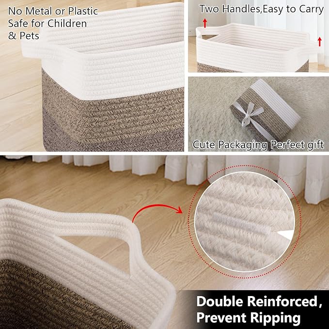 OIAHOMY Storage Basket, Woven Baskets for Storage, Cotton Rope Basket for toys,Towel Baskets for Bathroom - Pack of 3, Gradient Dark Brown - Image 9