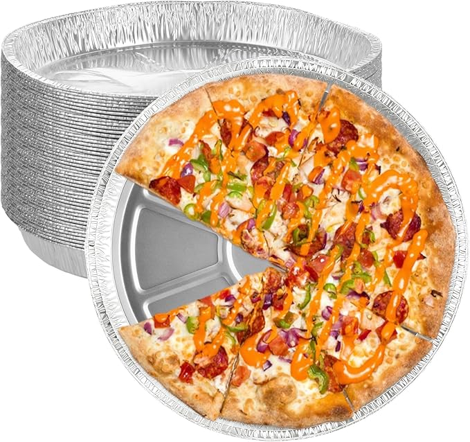 50 Pack Disposable Round Foil Pizza Pans Aluminum Pizza Pans for Personal Pizzas, 13 Inch Round Tin Foil Pan for Cookies, Cake, Focaccia - Freezer & Oven Safe by FWEEK