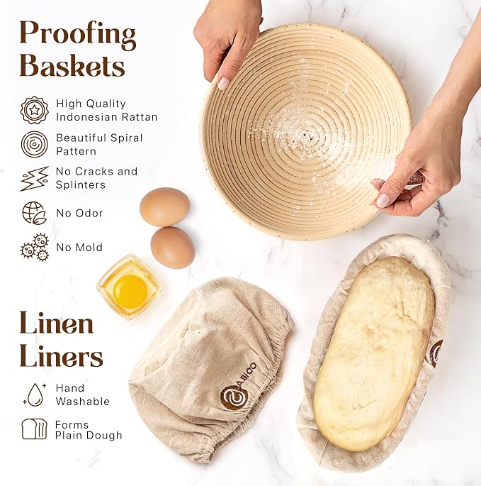 ABIOTO Sourdough Bread Baking Supplies and Starter Kit - Ultimate Bread Making and Sourdough Starter Kit with Proofing Baskets, 34oz Sourdough Jar, Bread Lame, Scrapers & Danish Whisk - Image 6