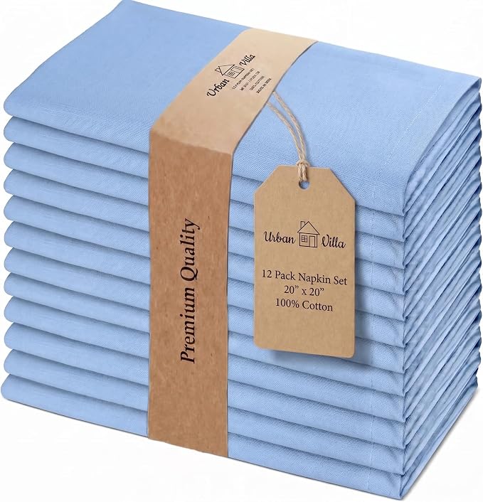 Urban Villa Cloth Napkins Cotton 20x20 (Set of 12) Ice Blue by CottonTrends