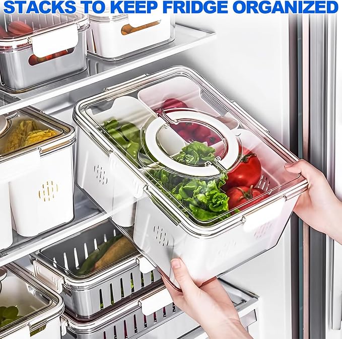 Fruit Storage Containers for Fridge with Lids, Handle and 2 Removable Colanders, Portable Refrigerator Fruit Organizer Bins, BPA-Free Fresh Produce Saver & Food Box for Food, Vegetable, Egg Storage - Image 2