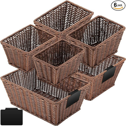 Marsui 6 Pcs Wicker Storage Baskets for Pantry Organization with Labels Handwoven Multi-size Brown Wicker Storage Bins for Organizing Small Baskets Container for Shelves Closet Toilet by Marsui
