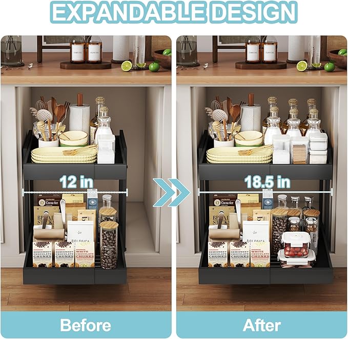 2-Tier Expandable Pull Out Cabinet Organizer, Cabinet Drawers, 16"D | Cabinet Pull Out shelves, Adjustable Pantry Drawers, Slide Out Drawers for Kitchen Cabinets, Under Sink Organizer, Black - Image 2