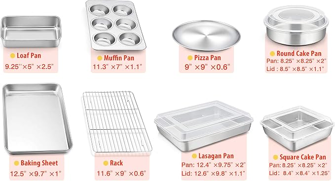 TeamFar Stainless Steel Bakeware Set of 8 | Baking Sheet and Rack, Lasagna Pan with Lid, Square & Round Cake Pan with Lid, Muffin Pan & Loaf Pan, Pizza Pan, Healthy - Image 2