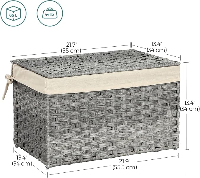 SONGMICS Storage Basket with Lid, Woven Blanket Storage Bin with Handles, Foldable, Removable Liner, Metal Frame, for Bedroom, Laundry Room, 17.2 Gallons (65 L), Gray URST56WG - Image 3