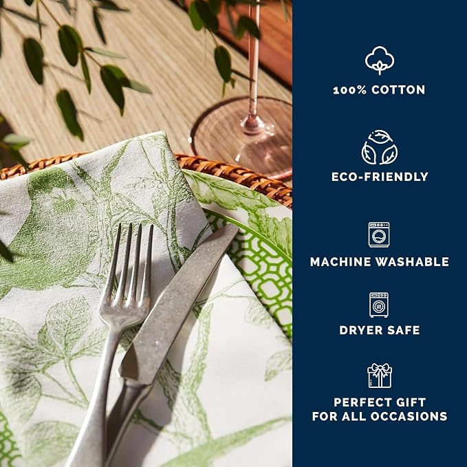 Arbor Birds Green Dinner Napkins Set of 4 | 100% Cotton Cloth Set for Entertaining or Everyday Table | for Wedding, Birthday, Christmas Green and White, 22 Inch Square - Image 3