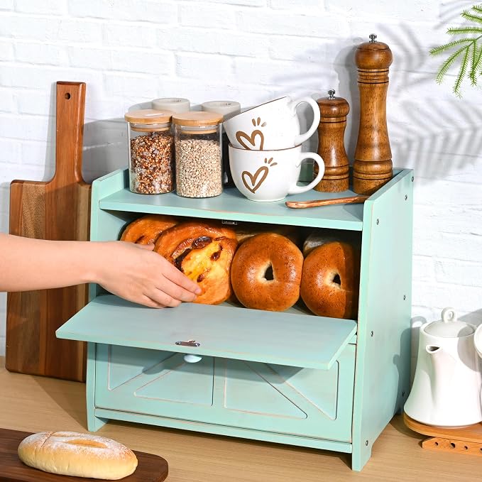 Bamboo Corner Bread Box for Kitchen Countertop 2-Tier Green | Farmhouse Bread Storage Container, Large Pantry Organizers for Homemade Snacks, Loaves, Breathable Keeps Bread Fresh - Image 2