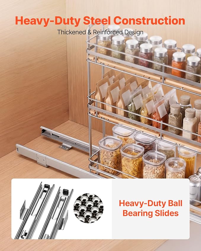 VEVOR Pull Out Spice Rack Organizer for Cabinet, 3 Tier Slide Out Spice Rack Organizer, Height Adjustable Heavy Duty Metal Seasoning Kitchen Basket for Cabinets, 5.75" W x 20.98" D x 21.34" H, Silver - Image 3