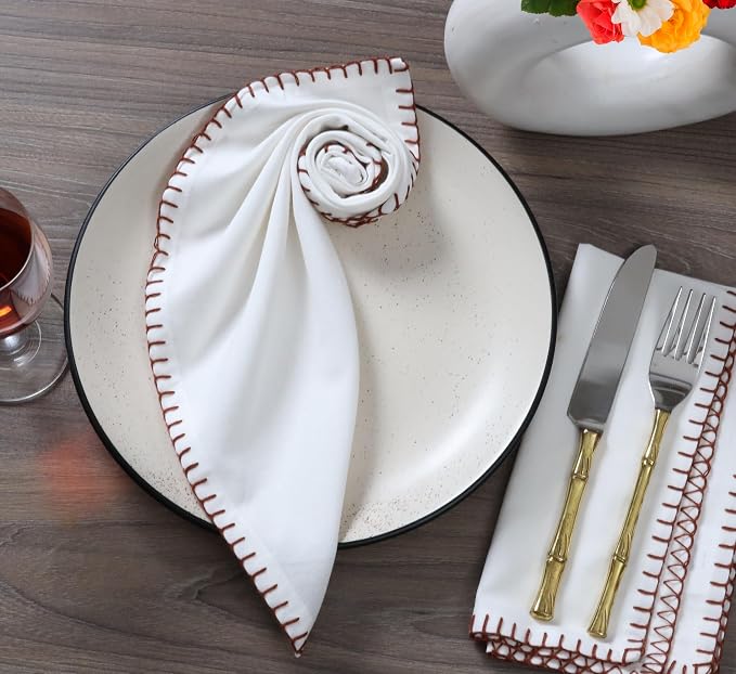 Bedding Craft Cotton Cloth Dinner Napkins Set of 12 – 18x18 Chili Oil Red Cloth Napkins with Blanket Stitch Selvedge – Washable Fabric Napkins for Wedding Tables, Banquets, Parties & Restaurants - Image 2